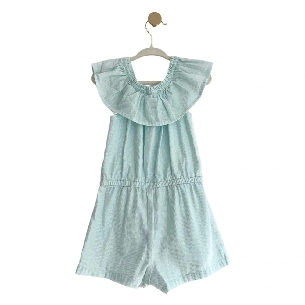 Cat & Jack Light Blue Ruffle Romper with Silver Threading | Baby Girl 18 Months